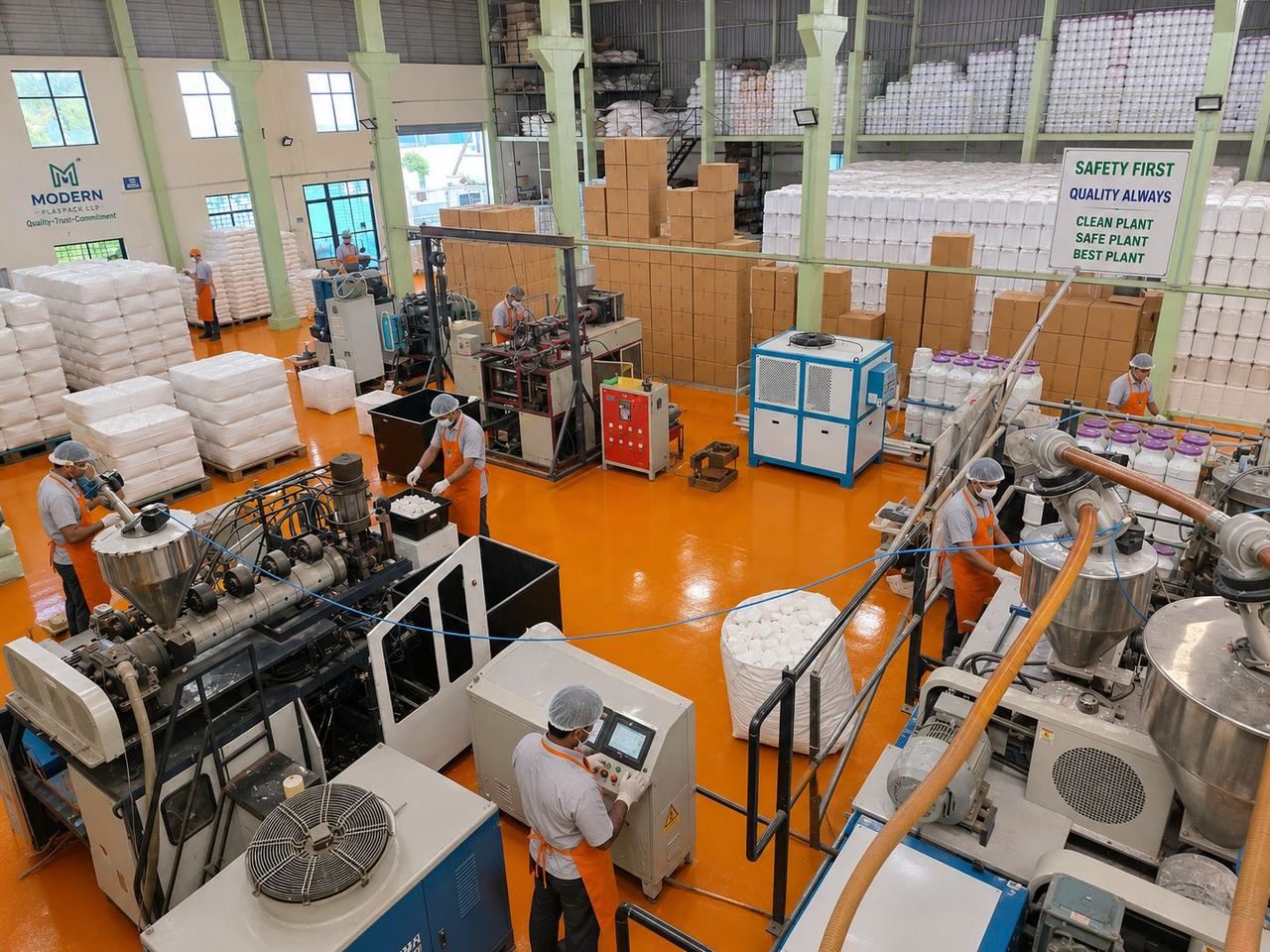 Blow moulding machines and operators on the Modern Plaspack factory floor