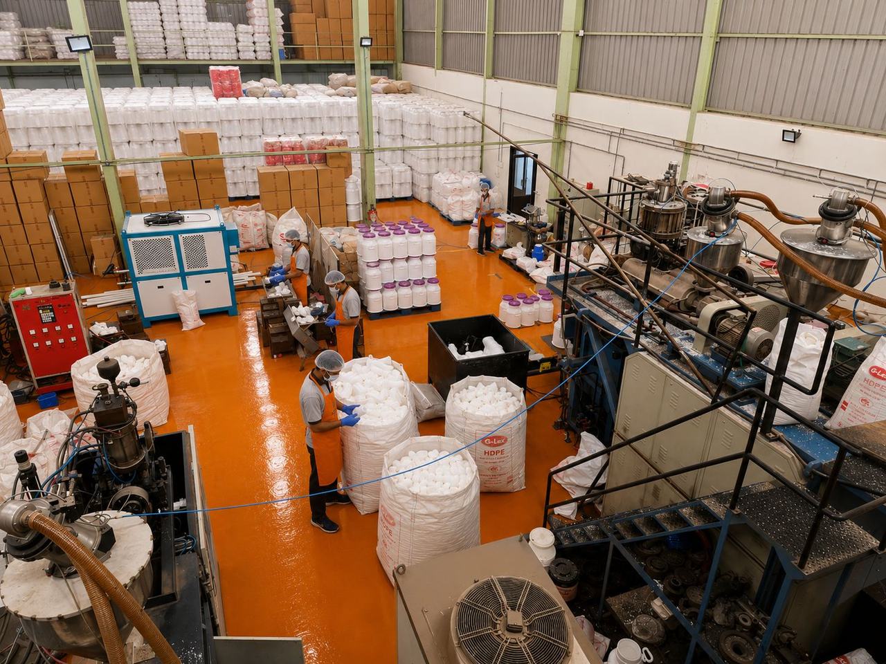 Workers sorting HDPE containers in a clean production area